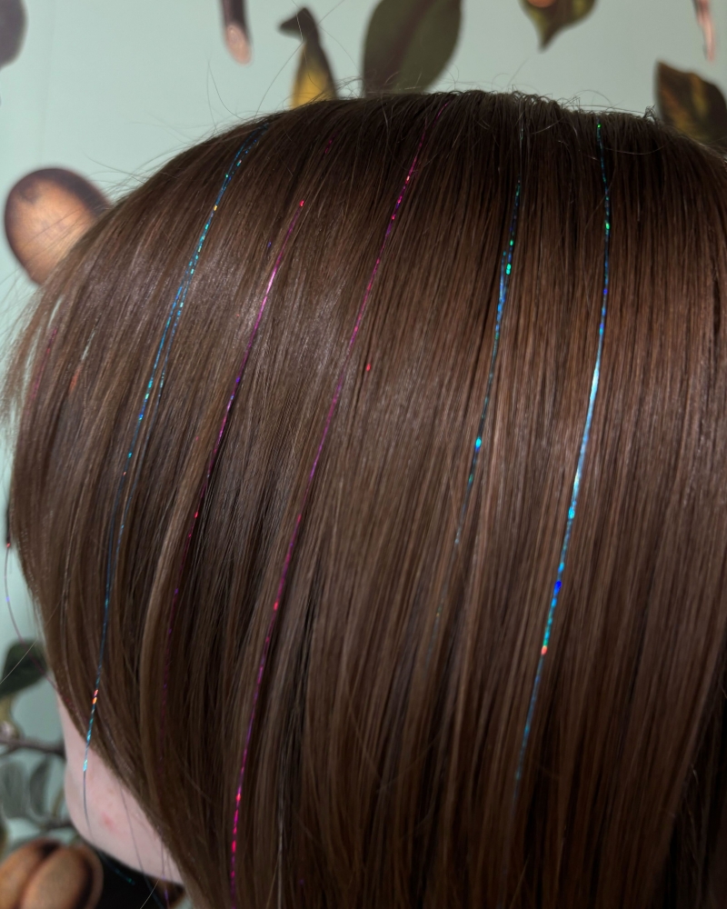 Blonde With Highlights Thick Wavy Blonde Mid-Back With Colorful Tinsel — Hair Tinsel 2027