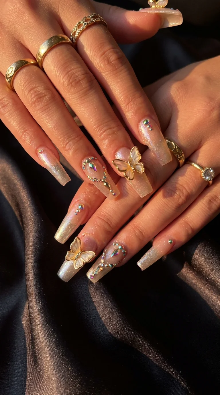 Champagne Butterfly Charm Nails Champagne Butterfly Charm Nails — Long Butterfly Coffin Nails 2027