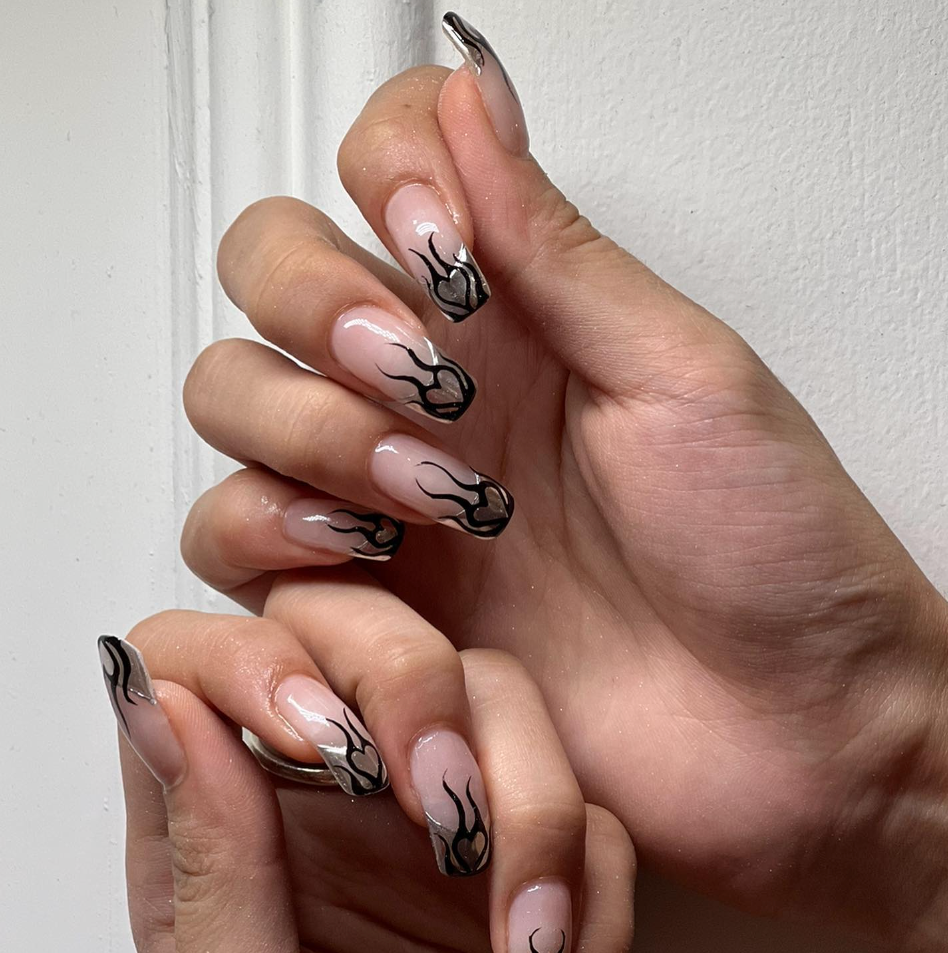 Sheer Pink with Black Flame Art — Long Coffin Nails 2027