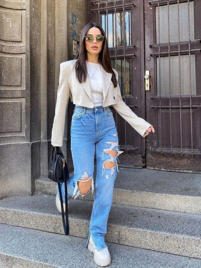 Beige Cropped Blazer with Crop Top and Ripped Jeans Beige Cropped Blazer with Crop Top and Ripped Jeans — Cropped Blazer Outfits 2027