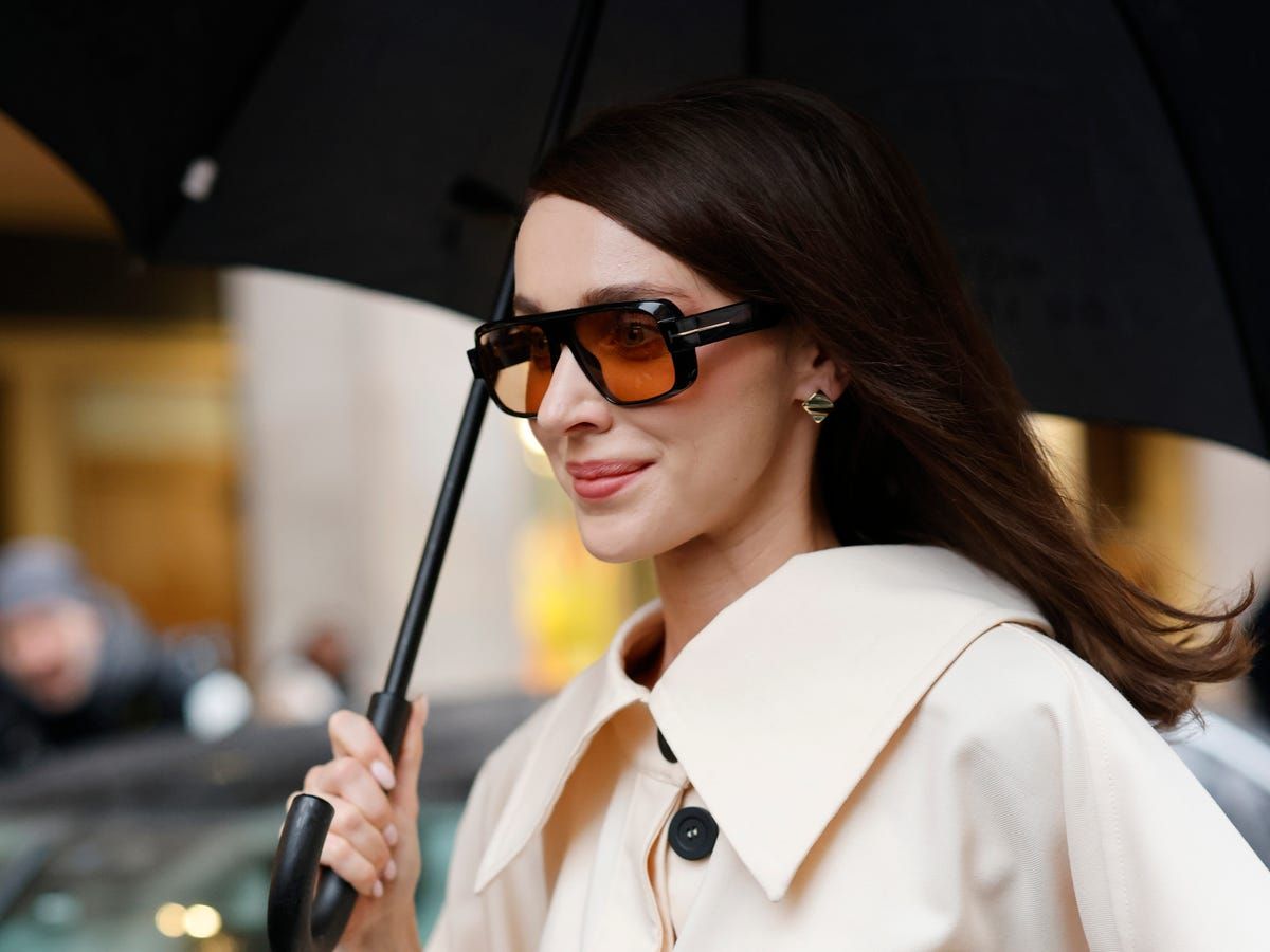 Street Style Orange Lens Aviators with a Cream Coat and Black Umbrella — Aviator Sunglasses for Women 2027