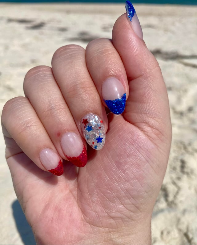 Short Oval Glitter French Tips and Stars Short Oval Glitter French Tips and Stars — Memorial Day Nails 2027