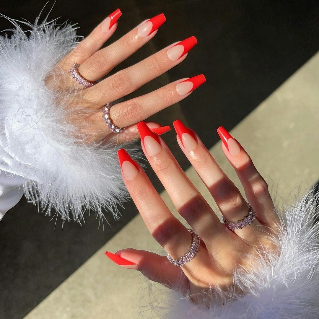 Opaque Red French Coffin Nails — Red French Tip Nails 2027