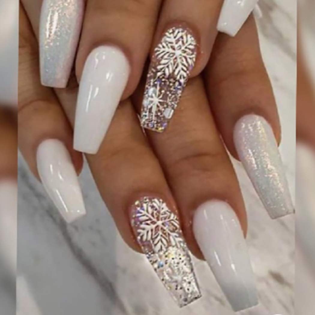 Light Blue Glitter Snowflake Coffin Nails Light Blue Glitter Snowflake Coffin Nails — Winter Coffin Nails 2027