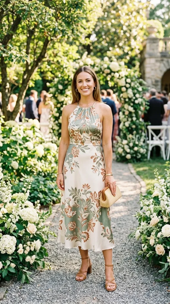 Green and Beige Floral Halter Neck Midi Dress — Summer Wedding Outfits 2027