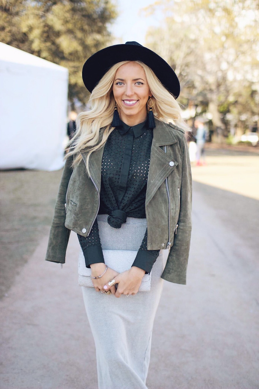 Olive Suede Moto Jacket with Black Eyelet Shirt Olive Suede Moto Jacket with Black Eyelet Shirt — Charleston Outfits 2027