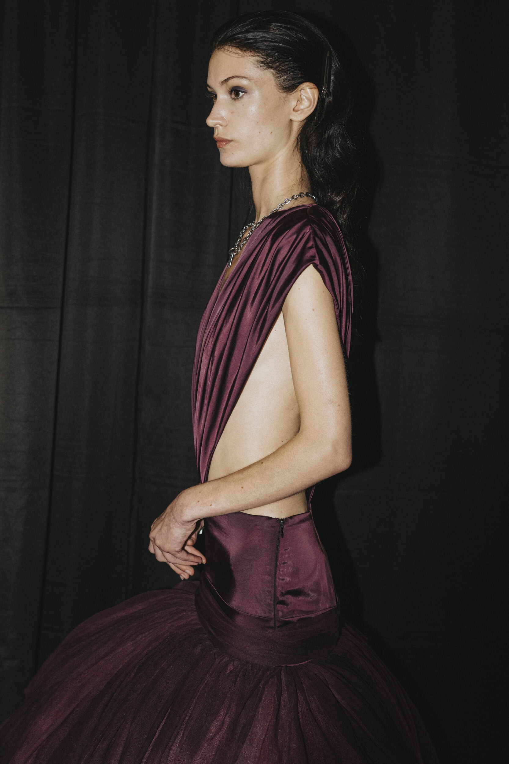 Avant-Garde Burgundy Satin Draped Top with Tulle Skirt — Burgundy Outfits 2027