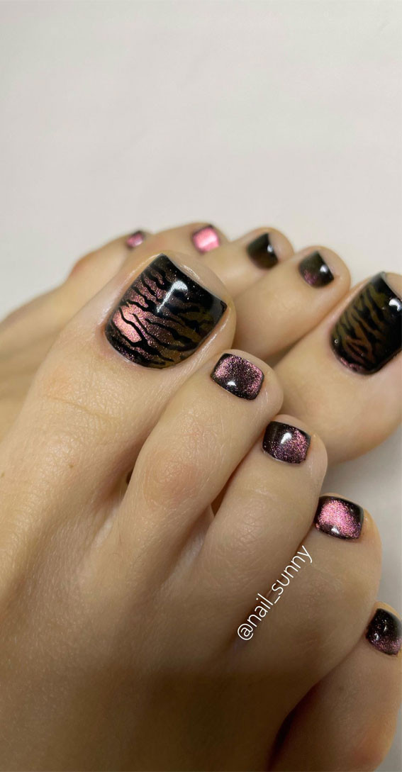 Tiger Stripe and Pink Cat Eye Toes — Toe Nails 2027 for Tan Skin