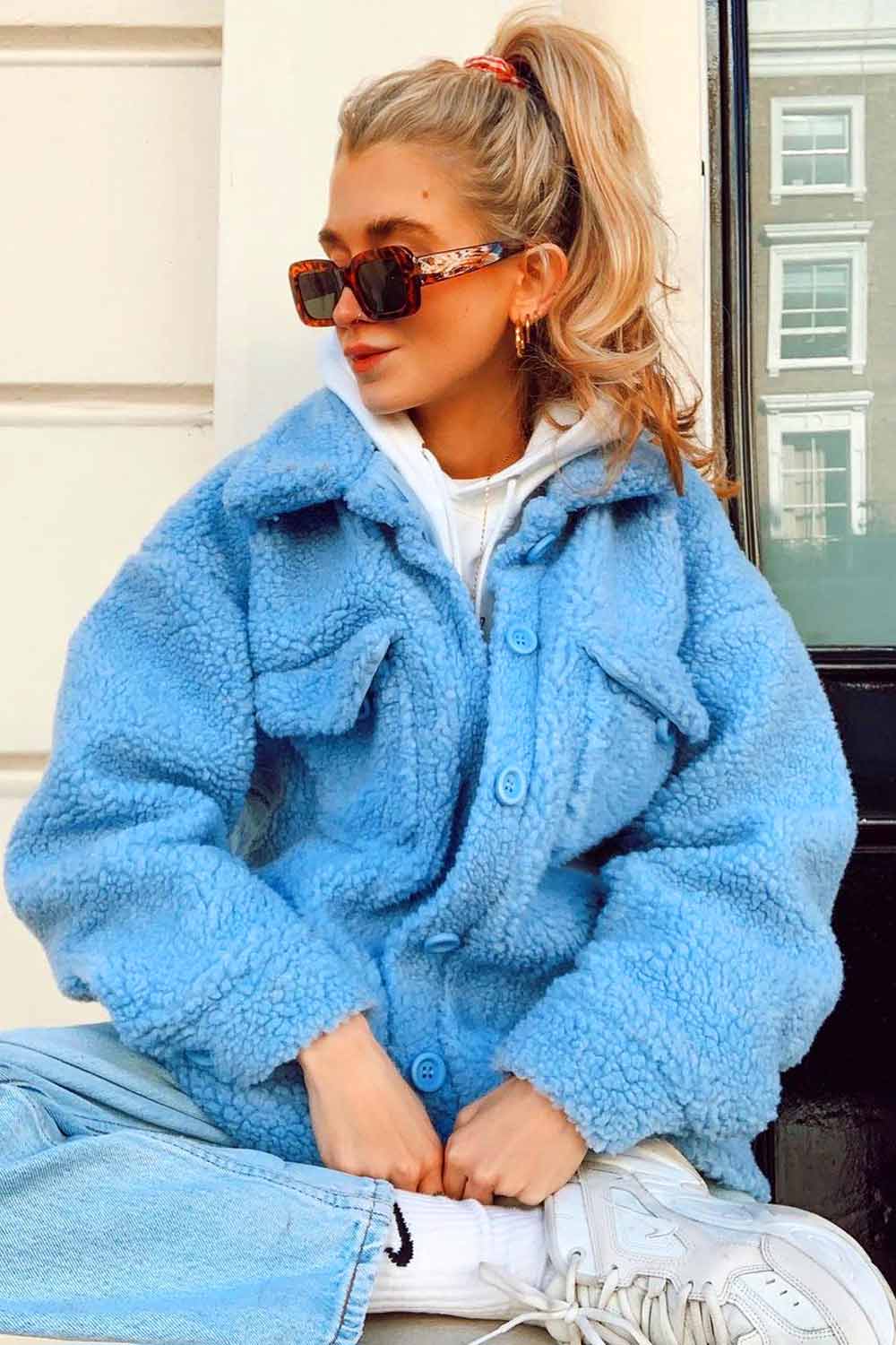 Casual Light Blue Teddy Jacket with White Hoodie Casual Light Blue Teddy Jacket with White Hoodie — Winter Blue Outfits 2027