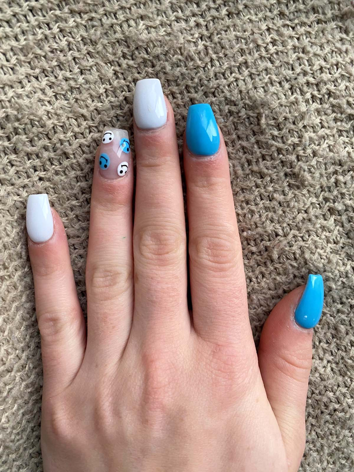 White and Blue Medium Coffin Smiley Accents White and Blue Medium Coffin Smiley Accents — Smiley Face Coffin Nails 2027
