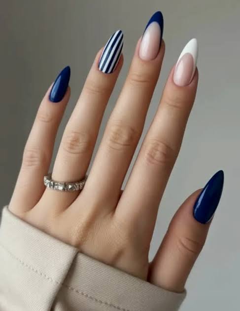 Navy Blue with White French and Stripes Navy Blue with White French and Stripes — Summer Nail Trends 2027