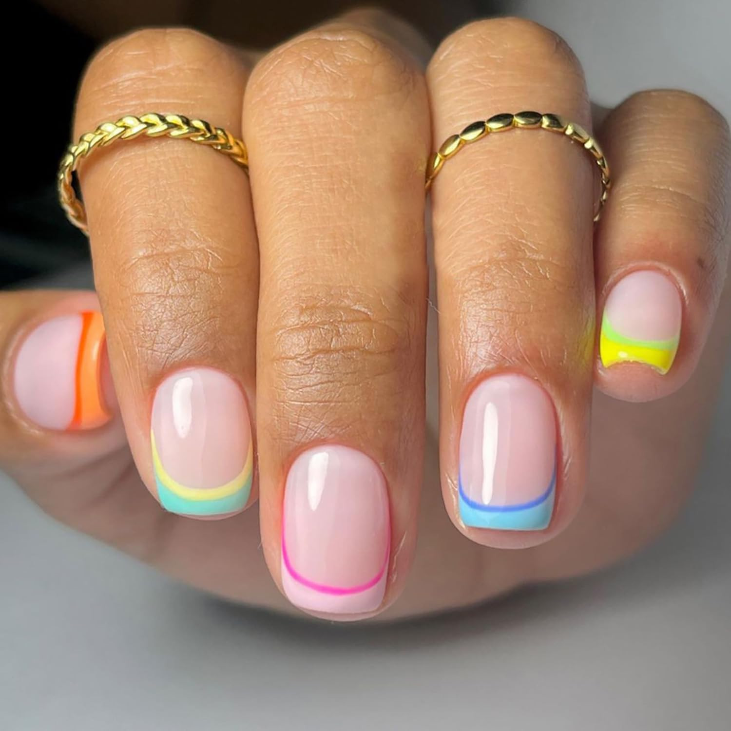 Neon Color Block Double French Square — Short Double French Tip Nails 2027