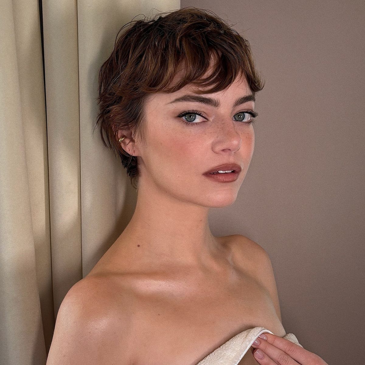 Dark Brown Wavy Pixie with Wet Look Dark Brown Wavy Pixie with Wet Look — Pixie 2027 with Bangs