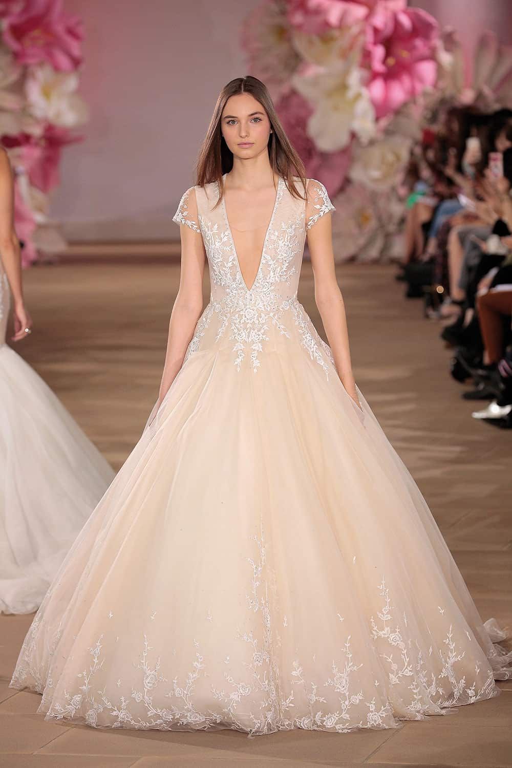 Light Peach Ballgown with Deep V-Neckline — Colored Wedding Dresses 2027