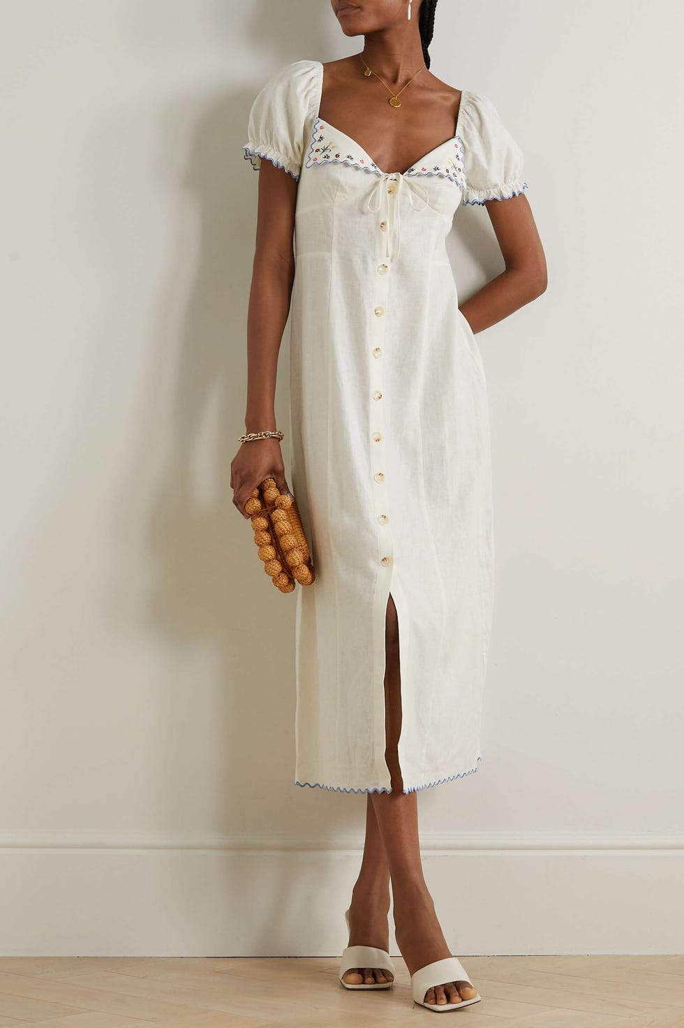 Embroidered Linen Midi Dress with Woven Clutch — Tomato Girl Outfits 2027