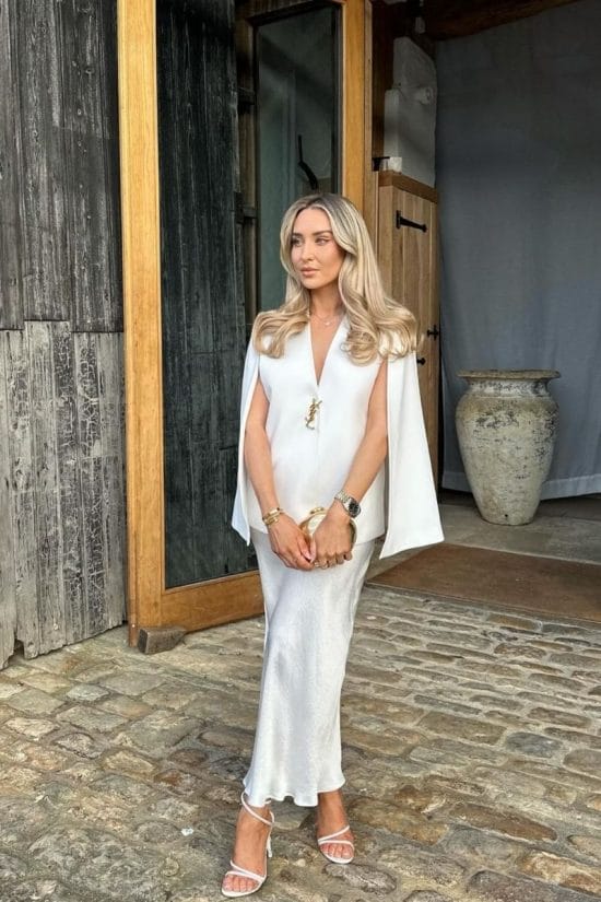 Satin Slip Skirt Paired with a White Cape Blazer — Satin Top Outfits 2027