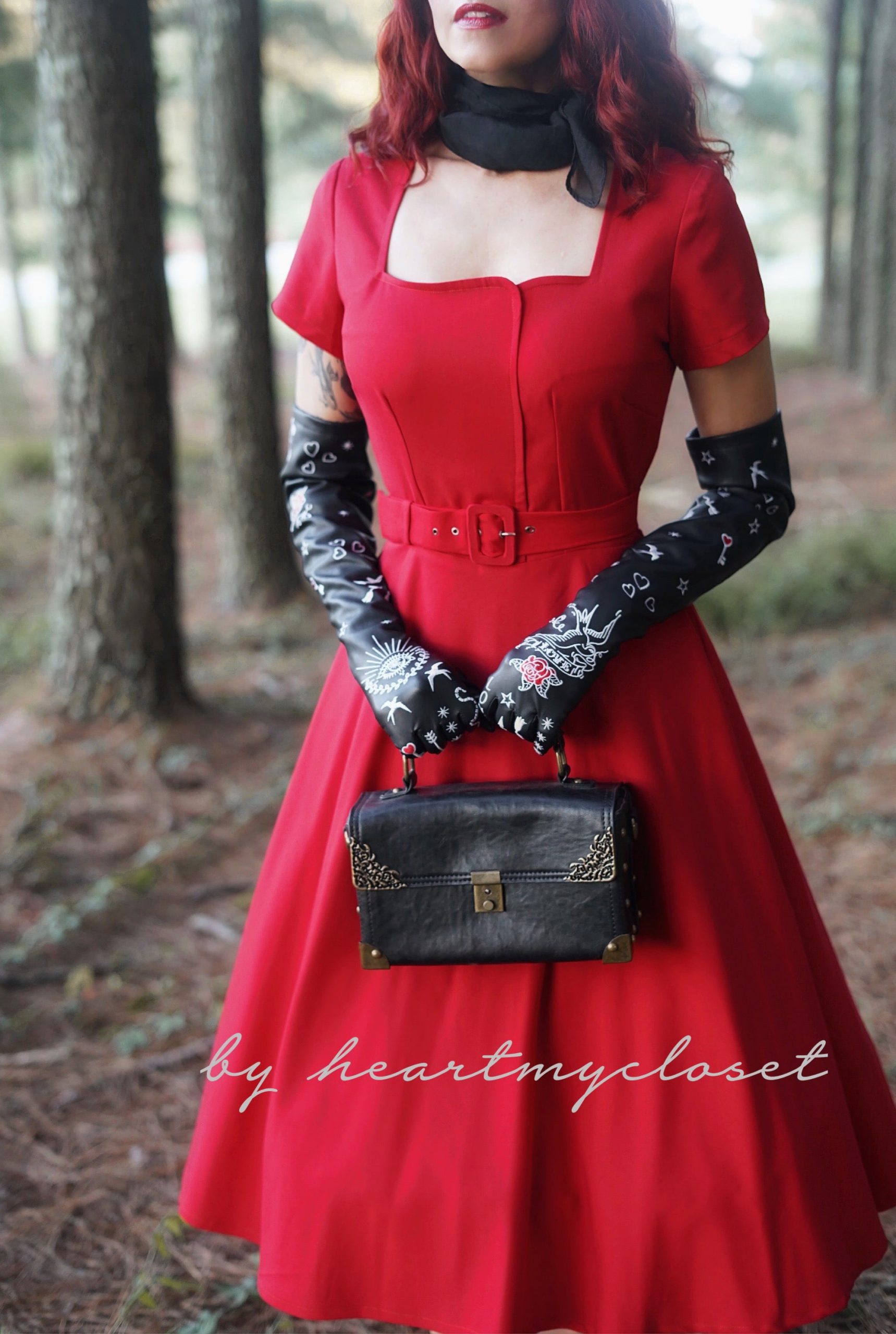 Red Fit-and-Flare Dress with Patterned Gloves Red Fit-and-Flare Dress with Patterned Gloves — Old Hollywood Outfits 2027