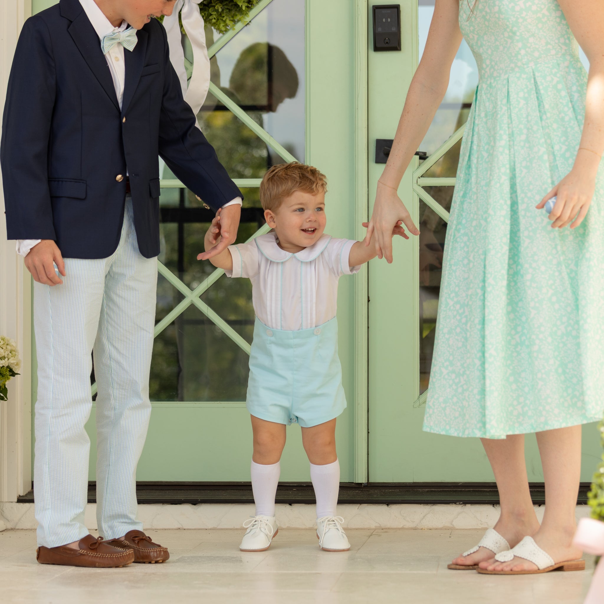 Pastel Power: Navy Blazer, Light Blue Shorts Set, and Mint Green Dress — Easter Family Photo Outfits 2027
