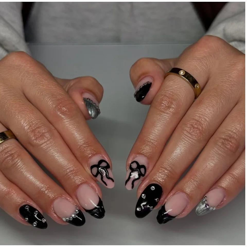 Sheer Pink Black Bow French Tip Oval Nails Sheer Pink Black Bow French Tip Oval Nails — Winter Black Nails 2027