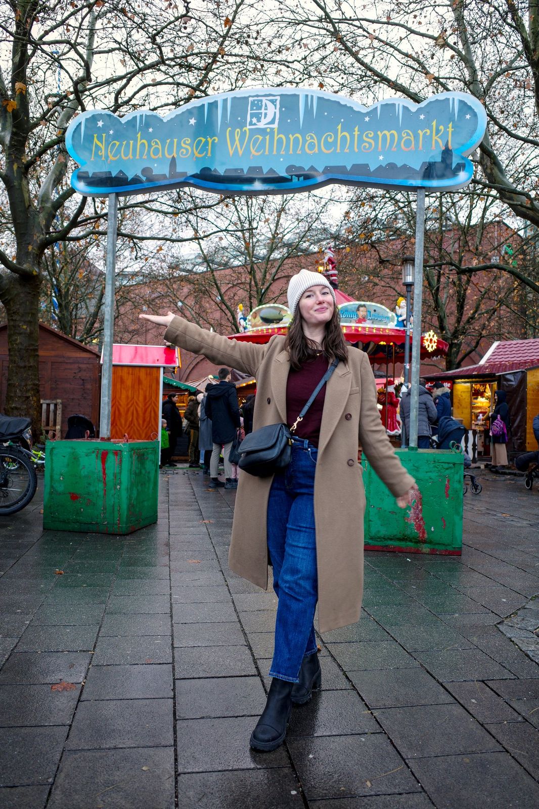 Camel Coat and Burgundy Top for a Warm Market Day — Christmas Market Outfits 2026