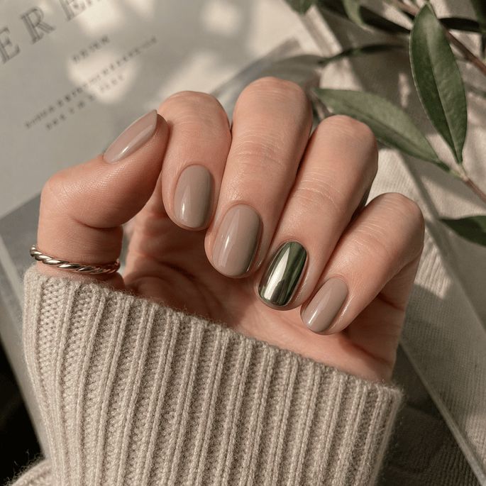 Neutral Beige with Metallic Silver Accent Neutral Beige with Metallic Silver Accent — Teacher Nails 2027