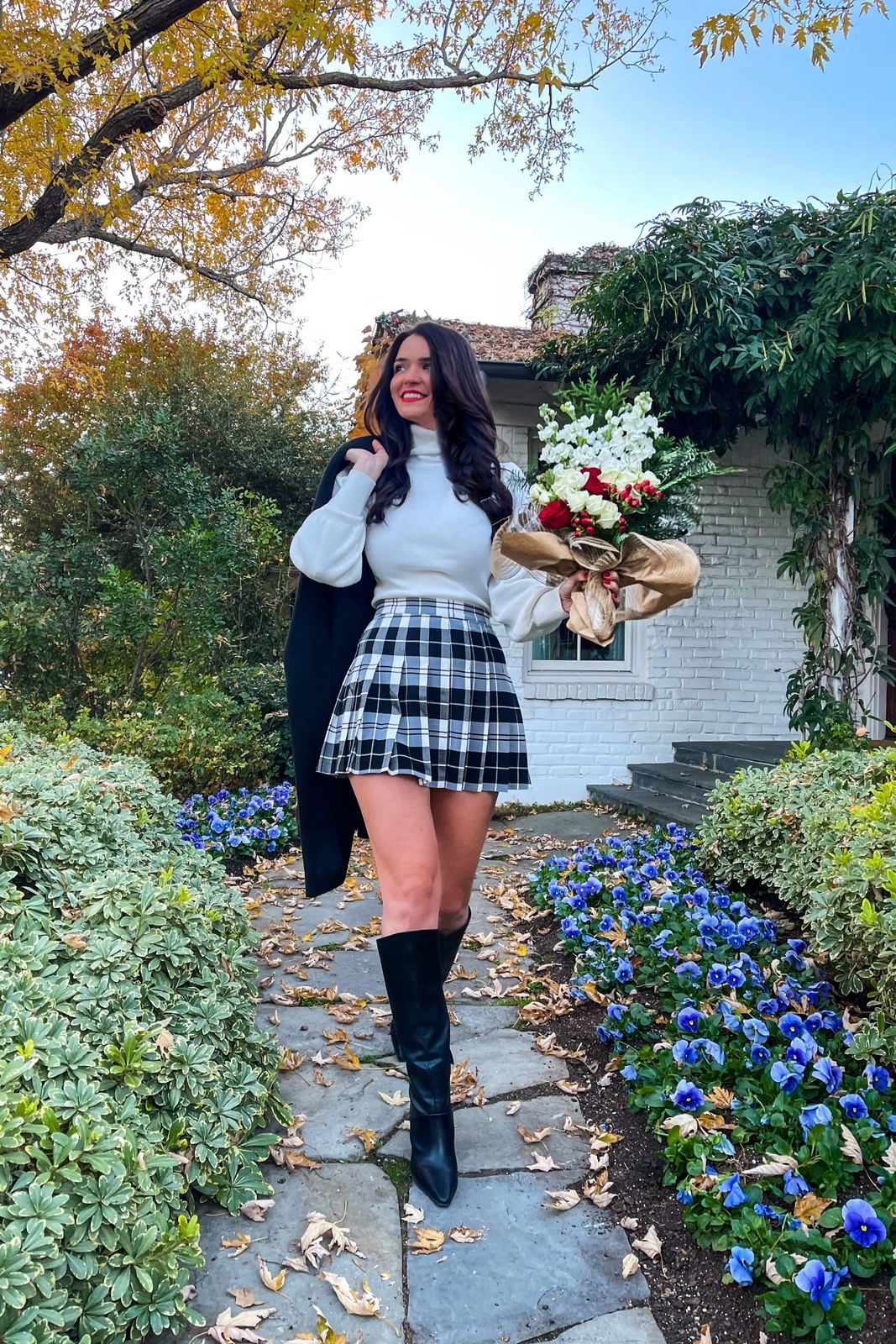Monochromatic Black and White Plaid Mini with Knee-High Boots Monochromatic Black and White Plaid Mini with Knee-High Boots — Plaid Mini Skirt Outfits 2027
