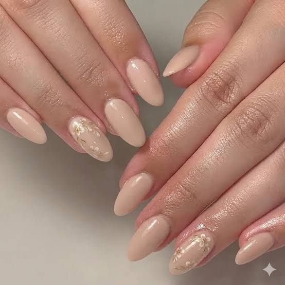 Medium Almond Nude Floral Art Nails Medium Almond Nude Floral Art Nails — Nude Nails 2027 for Mature Hands