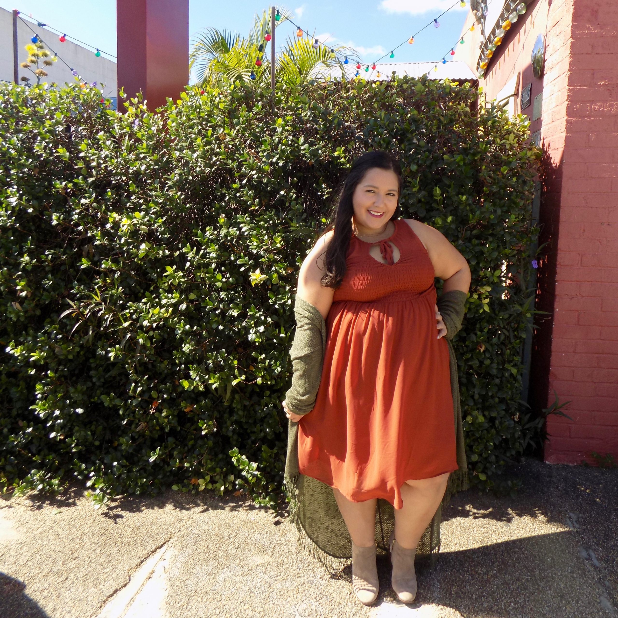 Rust Orange Smocked Dress with Knit Cardigan — Plus Size Thanksgiving Outfits 2026