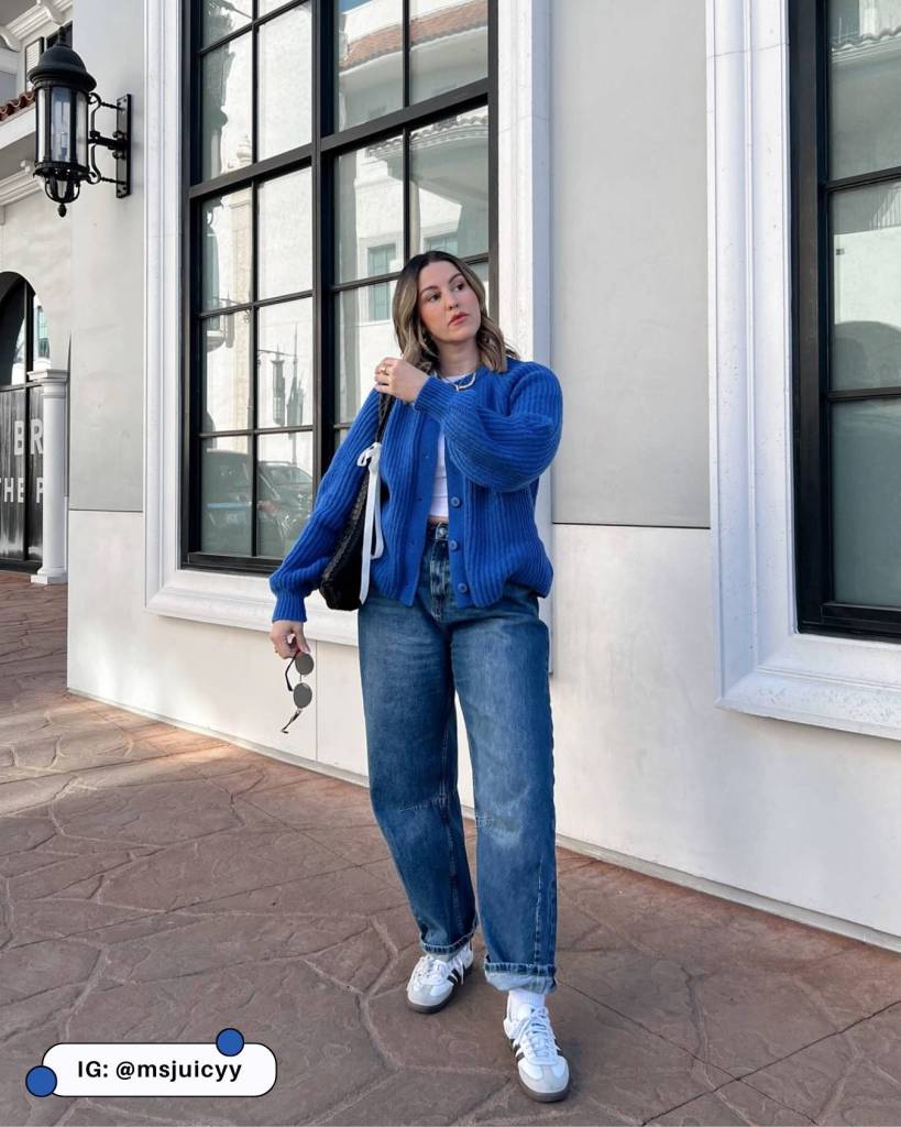 Royal Blue Ribbed Cardigan with Wide-Leg Jeans Royal Blue Ribbed Cardigan with Wide-Leg Jeans — Fall Cardigan Outfits 2026