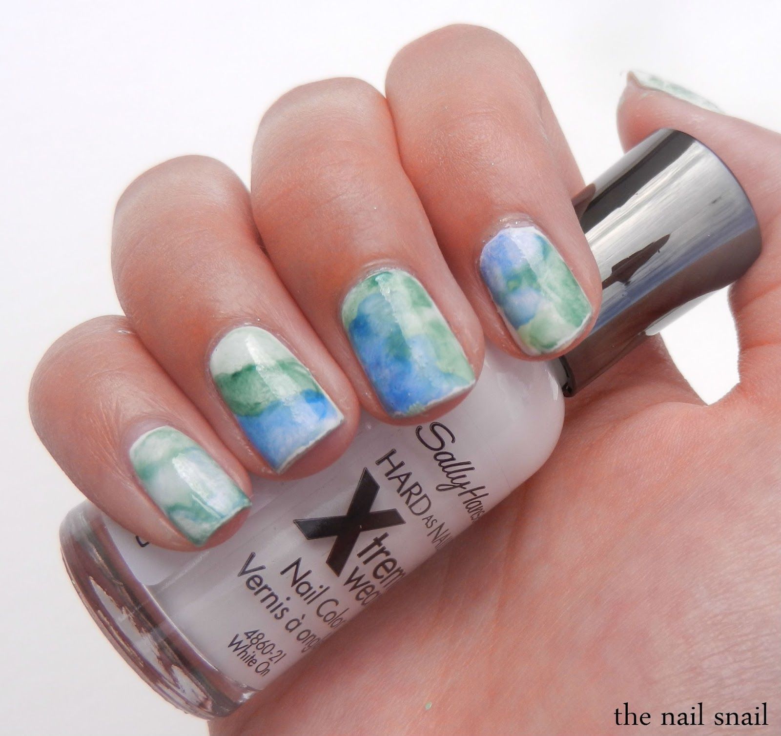 Short Square Blue Green Brushstroke — Blue Watercolor Nails 2027