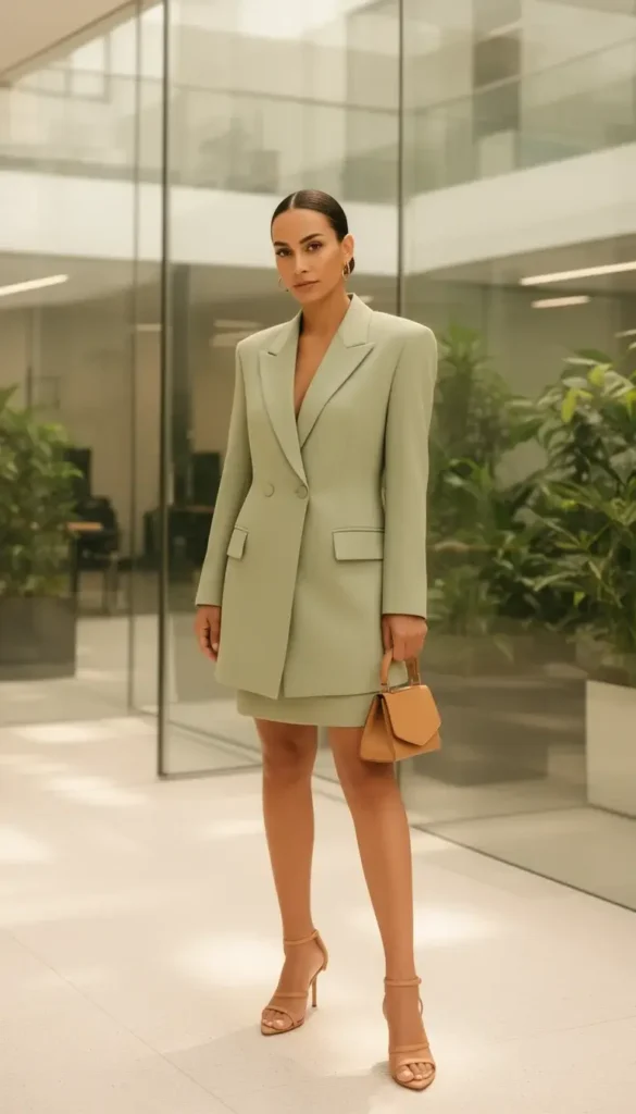 Chic Pale Green Blazer Dress with Sharp Shoulders — Corporate Baddie Outfits 2027
