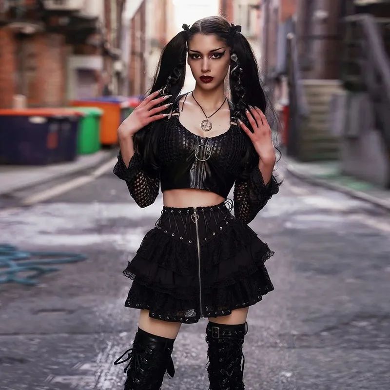 Tiered Lace Mini Skirt with Leather Bralette and Mesh Top Tiered Lace Mini Skirt with Leather Bralette and Mesh Top — Goth Lace Outfits 2027