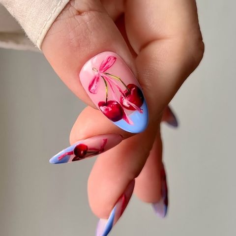 Detailed Cherry Art Long Almonds Detailed Cherry Art Long Almonds — Cherry Red Nails 2027