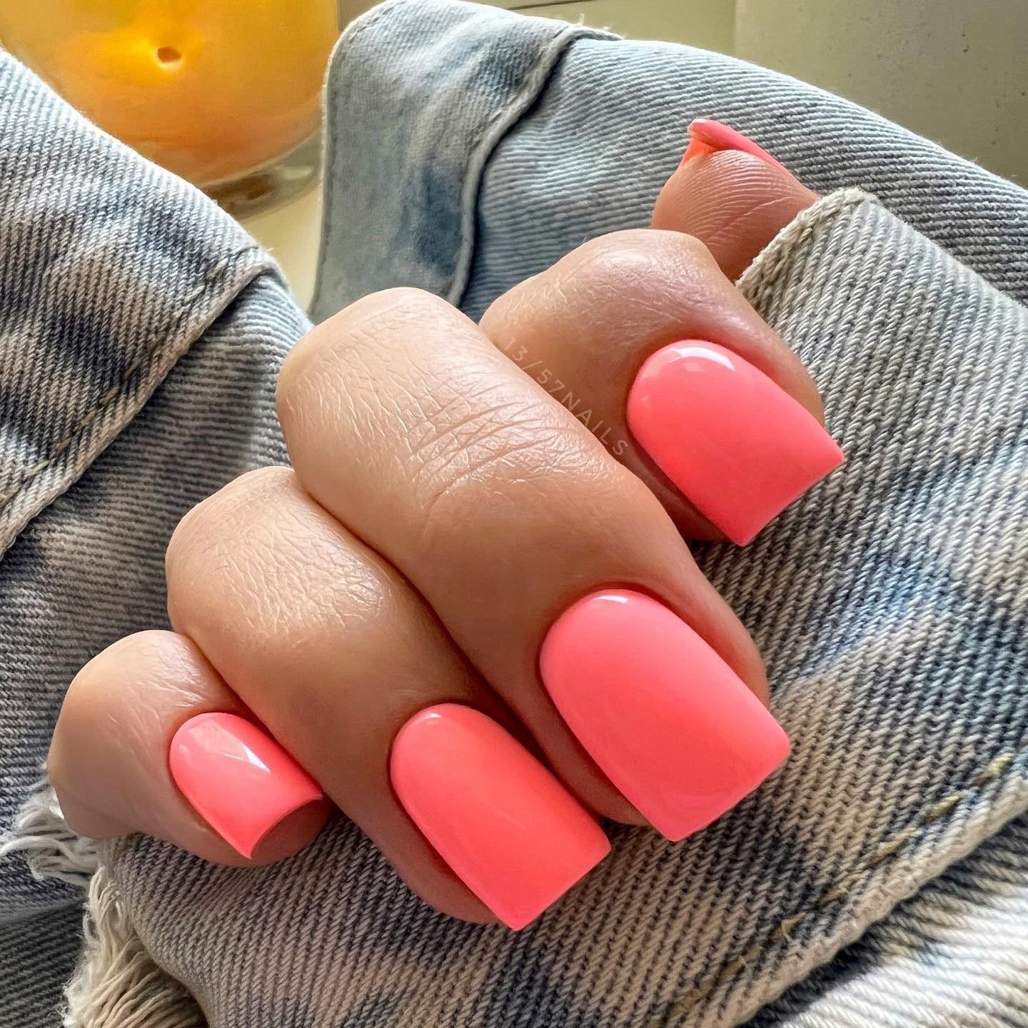 Striking Neon Coral Glossy Square Striking Neon Coral Glossy Square — Short Coral Nails 2027