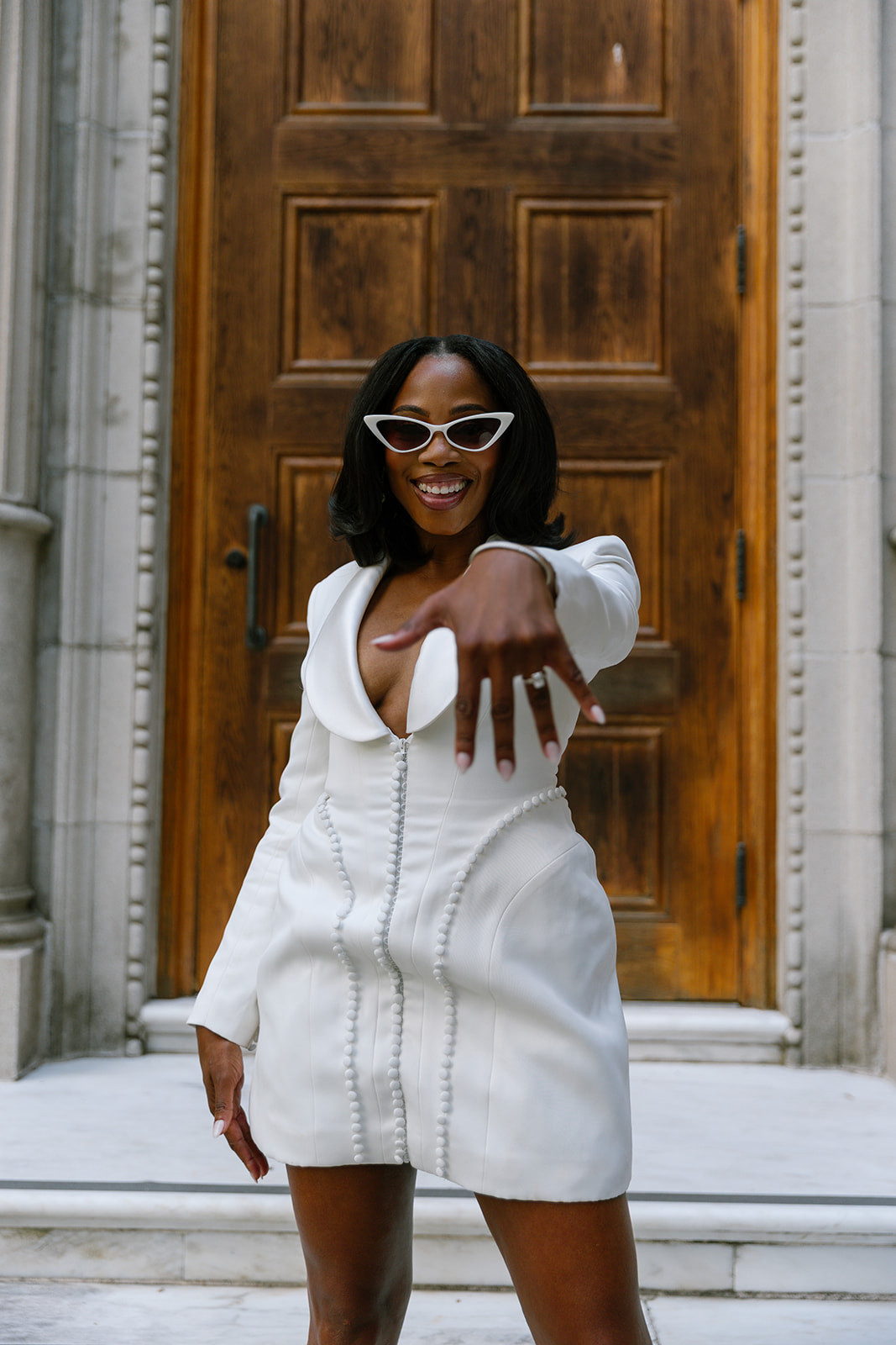 Structured White Mini Dress with Pearl Embellishments — Engagement Photo Dresses 2027