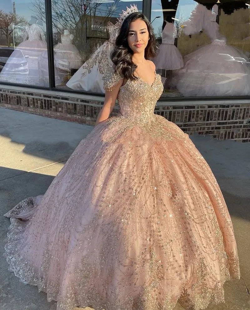 Quinceanera Champagne and Blush Pink Ball Gown with Crystal Beading — Champagne Quinceanera Dress 2027
