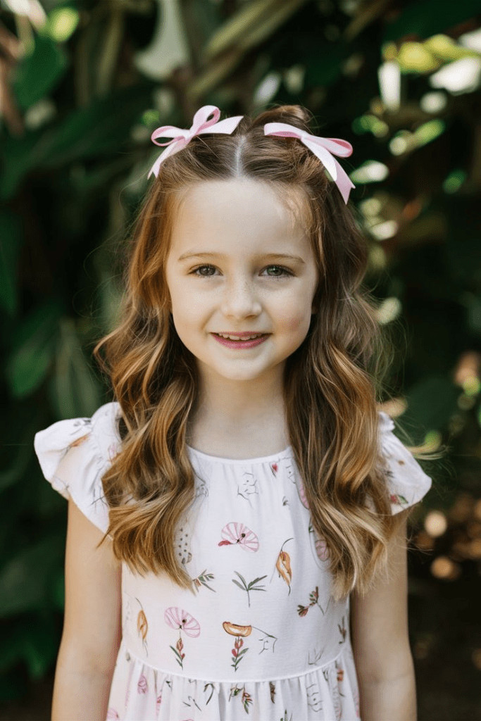 Light Brown Lob with Blunt Bangs and Bows Light Brown Lob with Blunt Bangs and Bows — Down Family Photo Hairstyles 2027