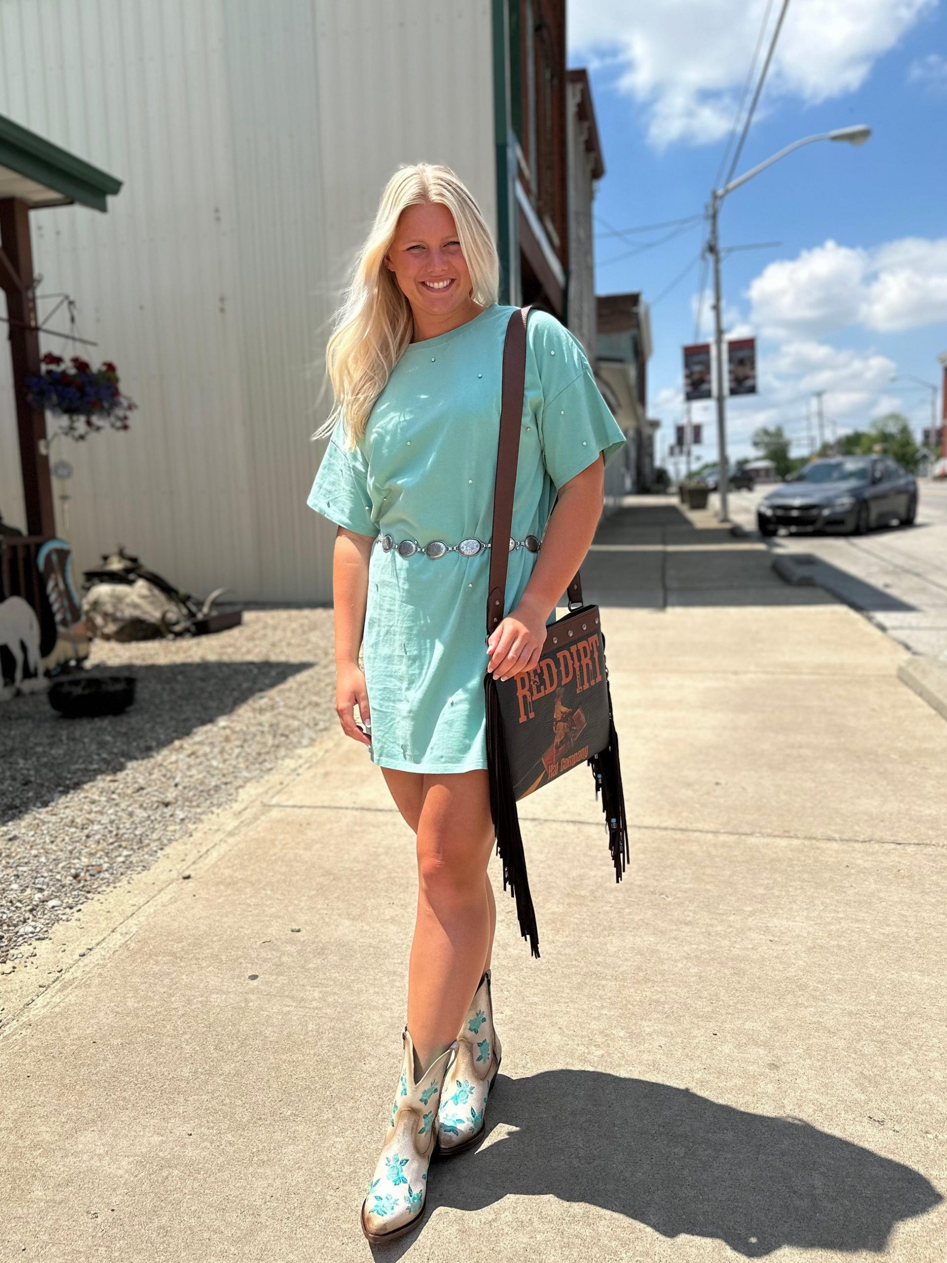 Light Turquoise Studded Mini T-Shirt Dress Light Turquoise Studded Mini T-Shirt Dress — Cowgirl Dress 2027