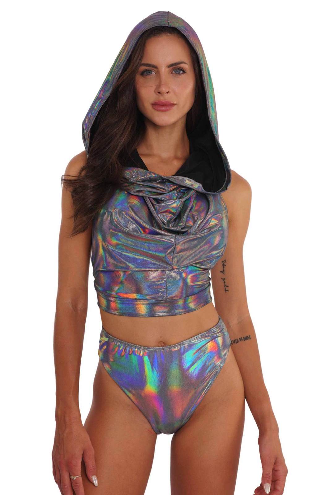 Holographic Metallic Two-Piece Set with Hooded Crop Top — Holographic Outfits 2027