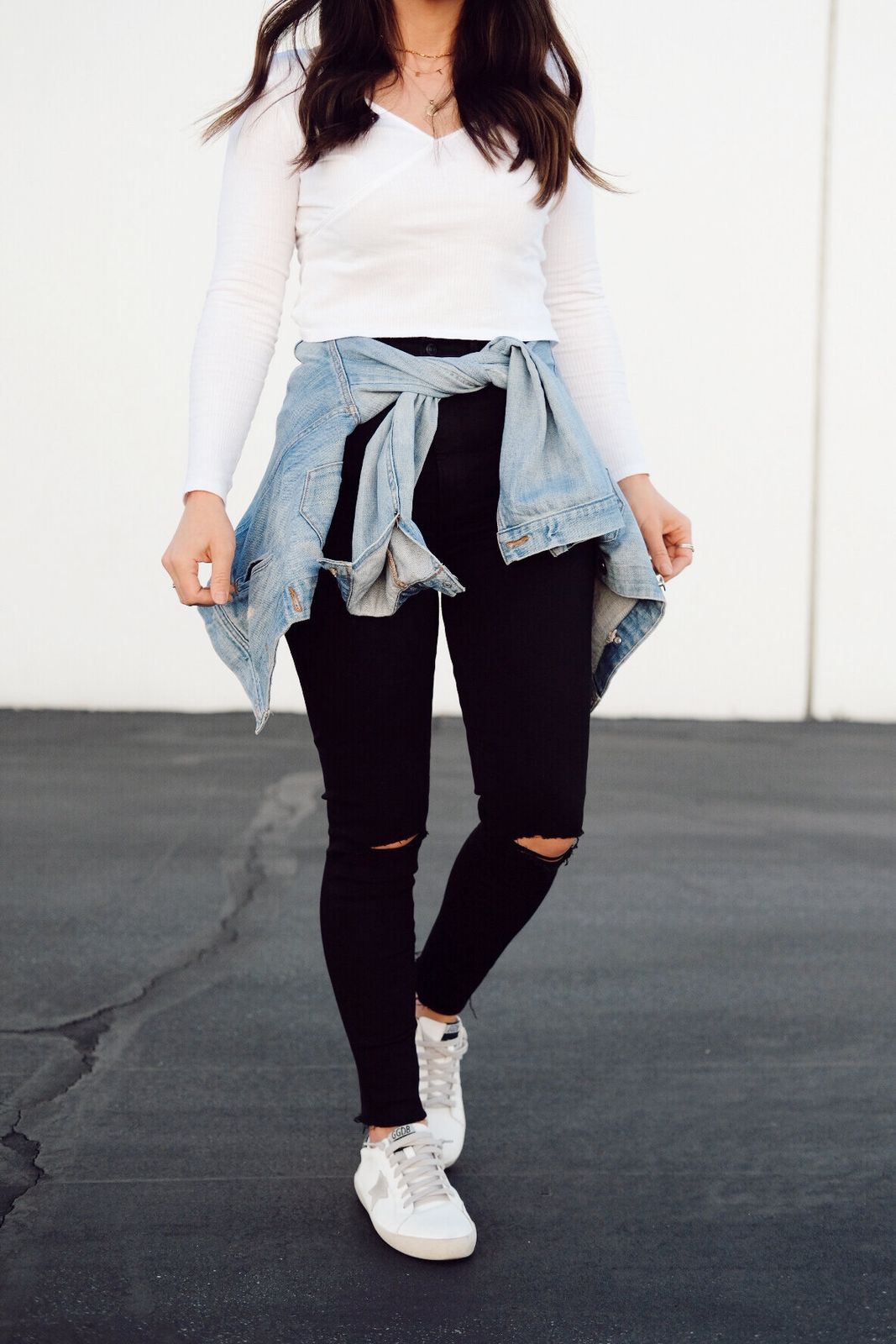 Denim Jacket Tied at Waist with Distressed Black Jeans Denim Jacket Tied at Waist with Distressed Black Jeans — Golden Goose Outfits 2027