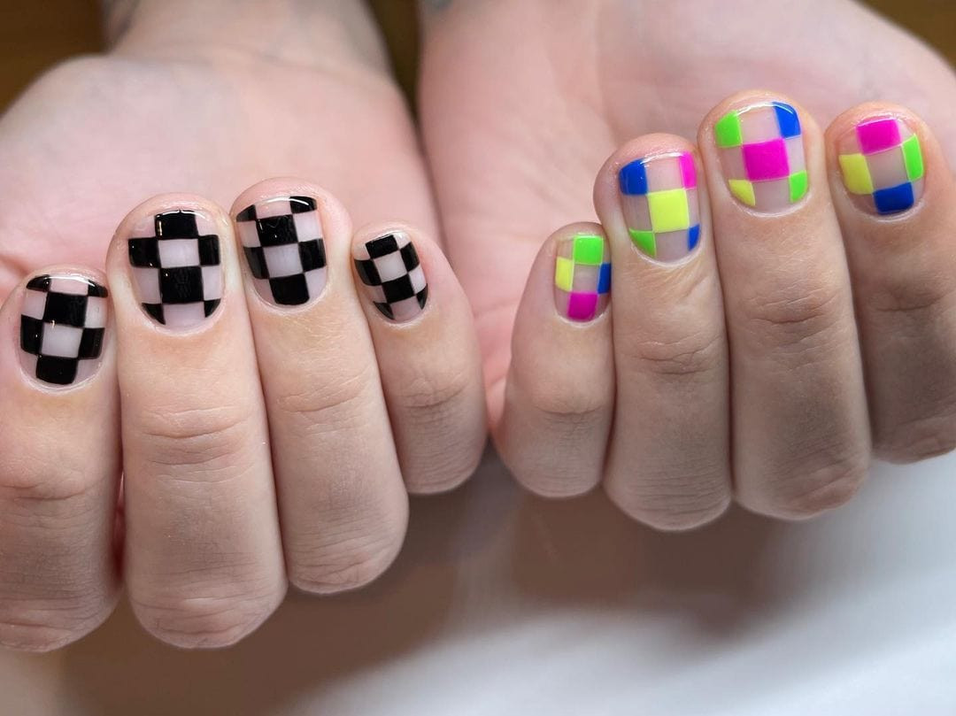 Neon Transparent Checkered Short Round Nails Neon Transparent Checkered Short Round Nails — Rainbow Checkered Nails 2027