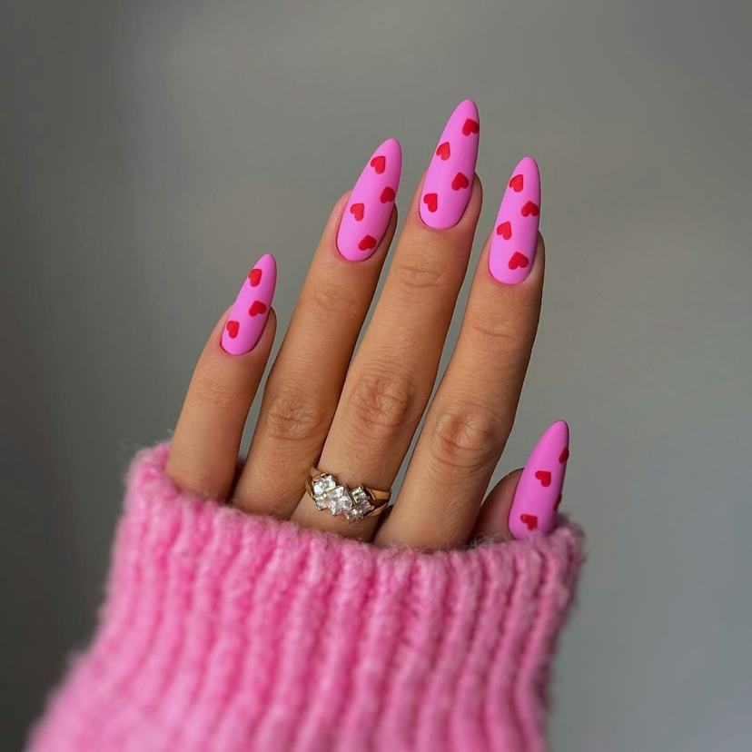 Matte Pink with Scattered Red Hearts Matte Pink with Scattered Red Hearts — Pink Rave Nails 2027