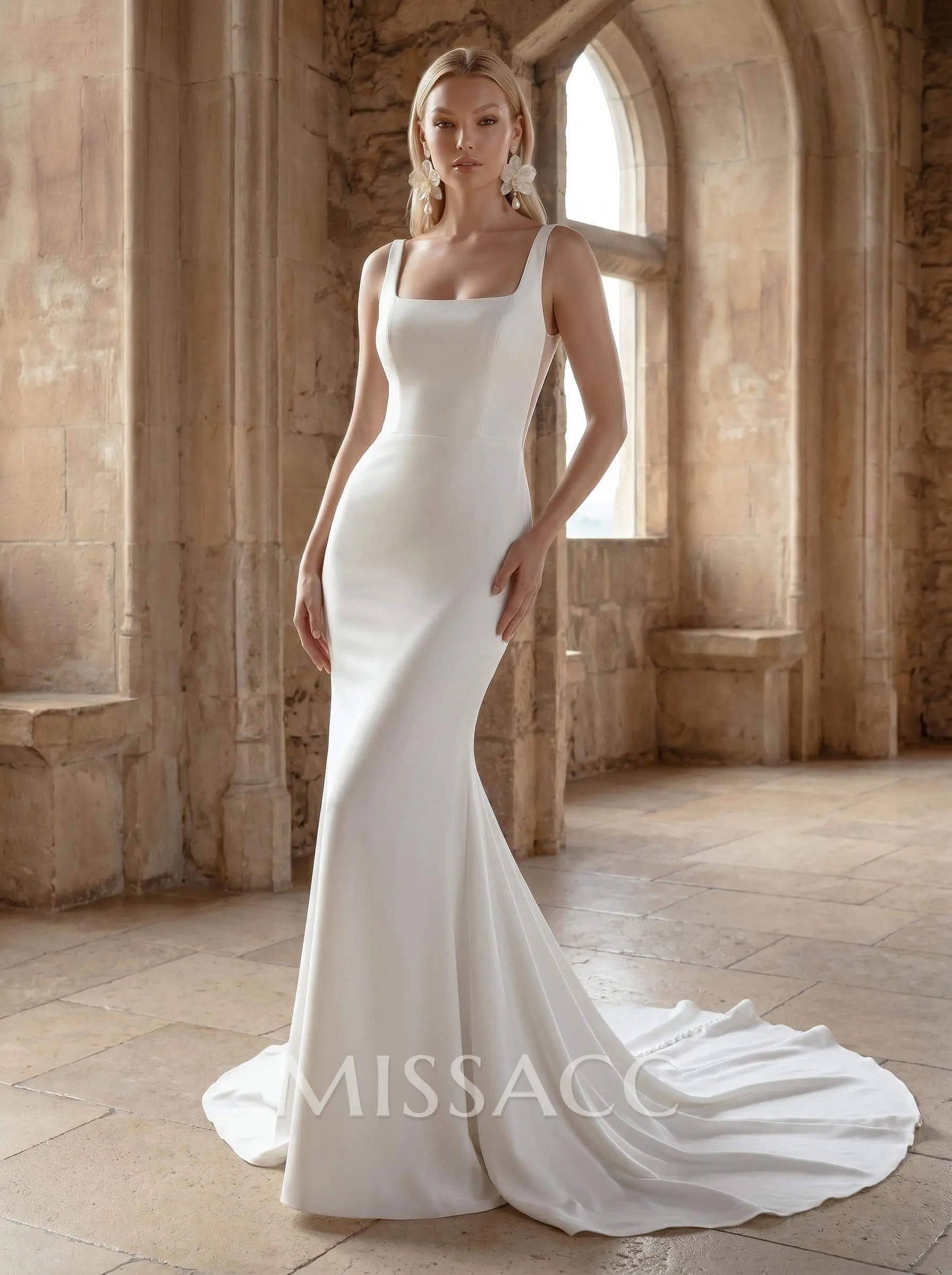 Sleek White Satin Mermaid Wedding Dress with Sharp Square Neckline Sleek White Satin Mermaid Wedding Dress with Sharp Square Neckline — Square Neck Wedding Dresses 2027