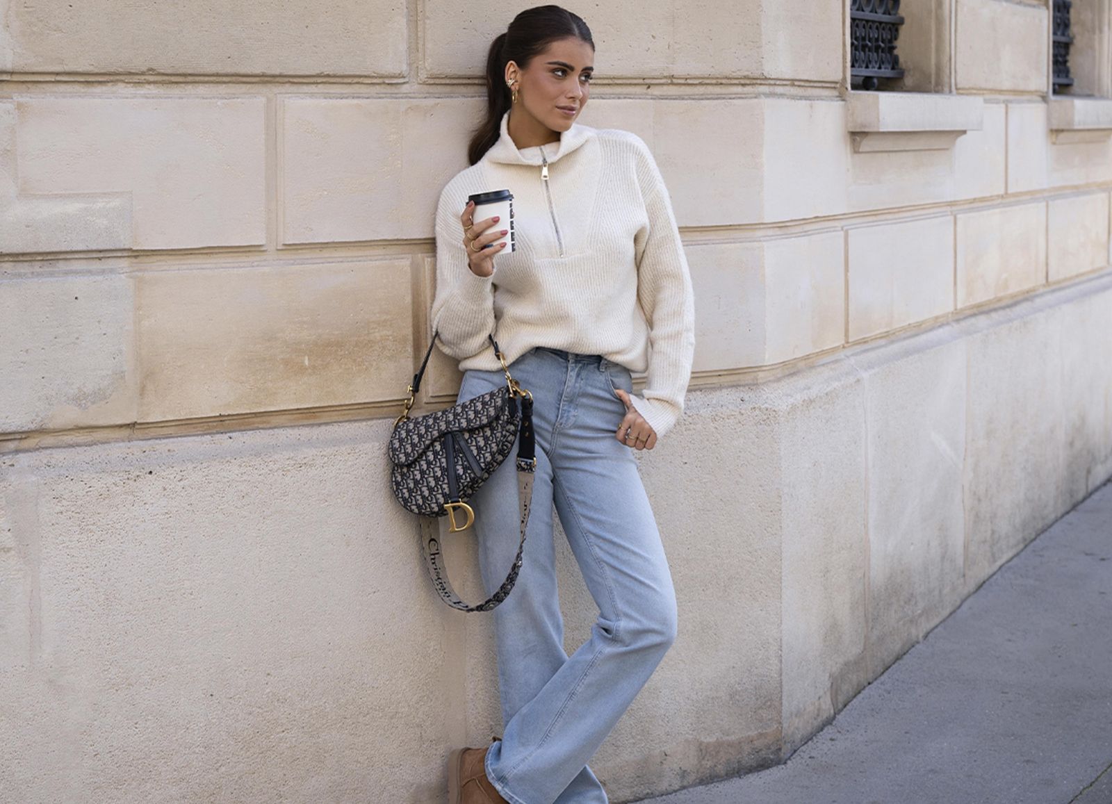 Neutral Tones with a Half-Zip Sweater — Mom Jeans 2027