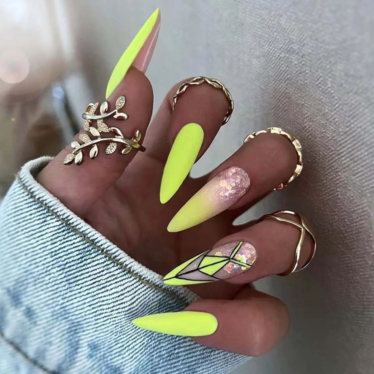 Neon Yellow Stilettos with Glitter Accents Neon Yellow Stilettos with Glitter Accents — Neon Stiletto Nails 2027