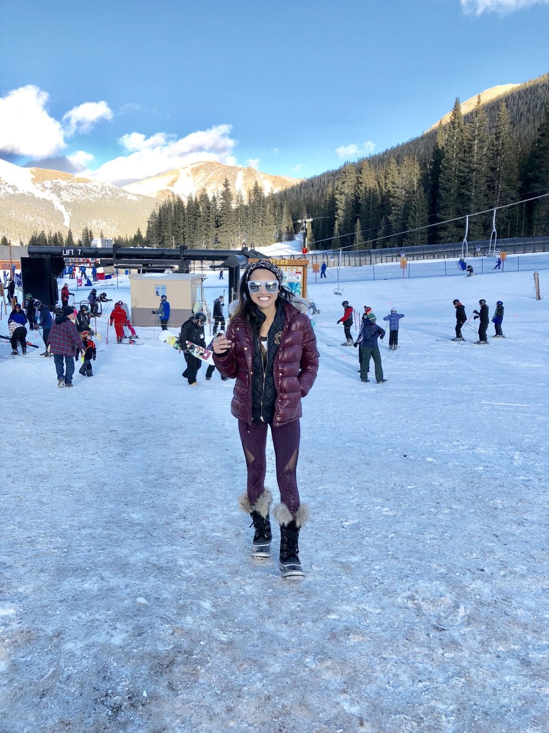 Burgundy Puffer Jacket and Quilted Vest for Ski Trip Adventures — Snow Outfits 2027