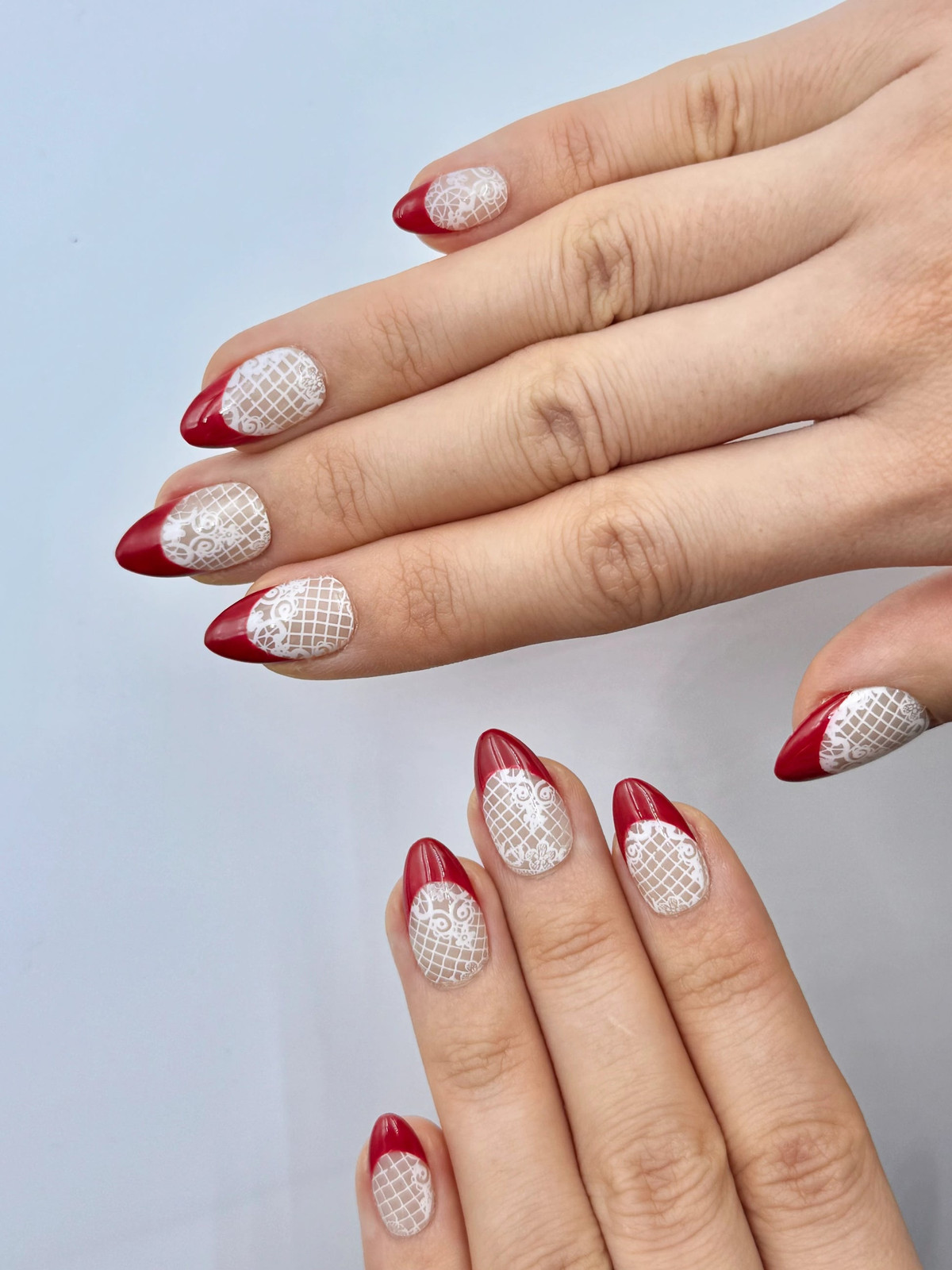 Red French Tip with White Lace Short Almond Red French Tip with White Lace Short Almond — Nails That Last 2027