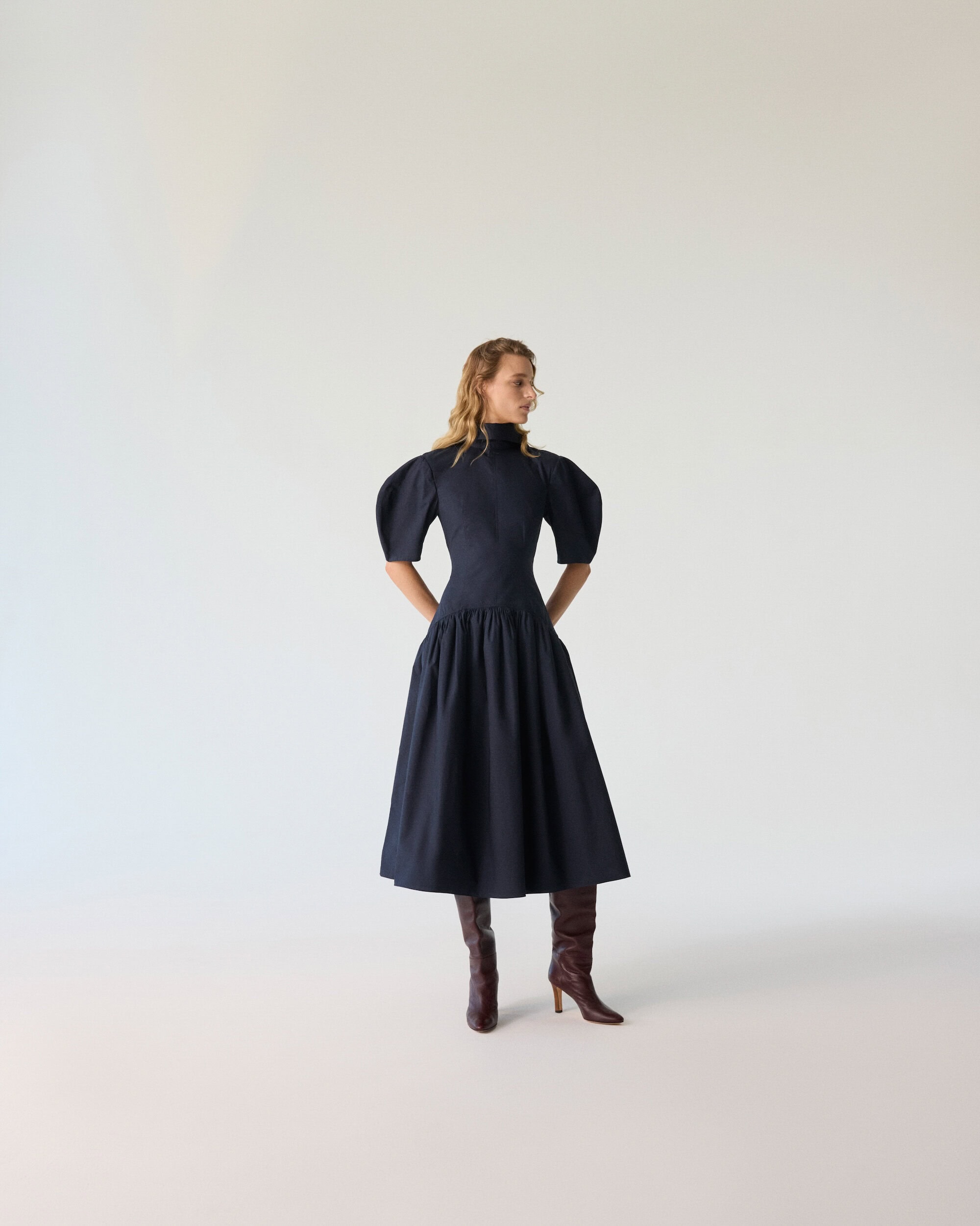 Sculptural Puff Sleeves in Dark Blue Denim Sculptural Puff Sleeves in Dark Blue Denim — Puff Sleeve Dresses 2027