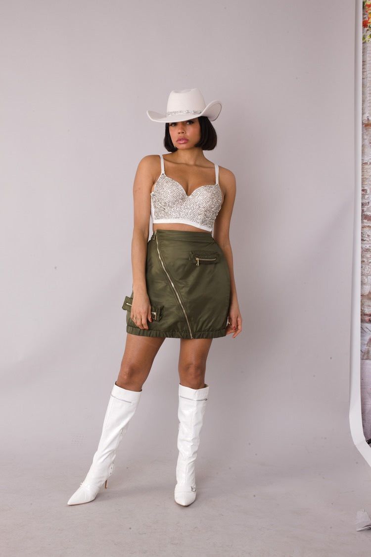 Olive Green Utility Cargo Mini Skirt with Sparkly Bustier and White Cowboy Hat Olive Green Utility Cargo Mini Skirt with Sparkly Bustier and White Cowboy Hat — Olive Green Mini Skirt Outfits 2027