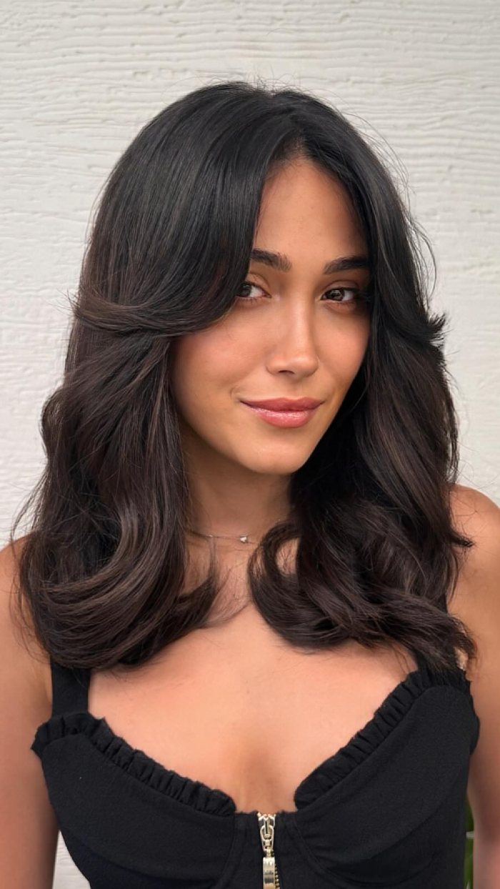 Collarbone Layers With Soft Black Curtain Bangs Collarbone Layers With Soft Black Curtain Bangs — Black Bangs 2027